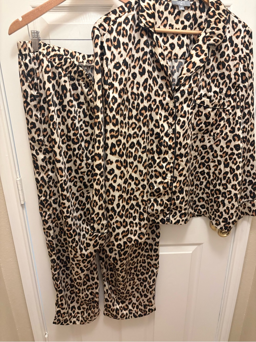 LOFT Leopard-Print Satin Notch-Collar Pajama Set in Cream and Brown